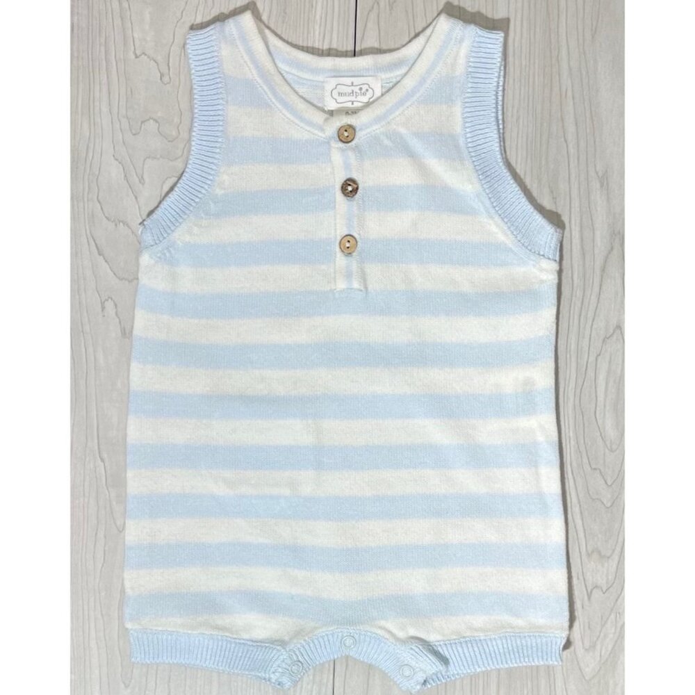 Mud Pie 3m 6m Sweater knit romper bubble NWT blue white stripe preppy shortall